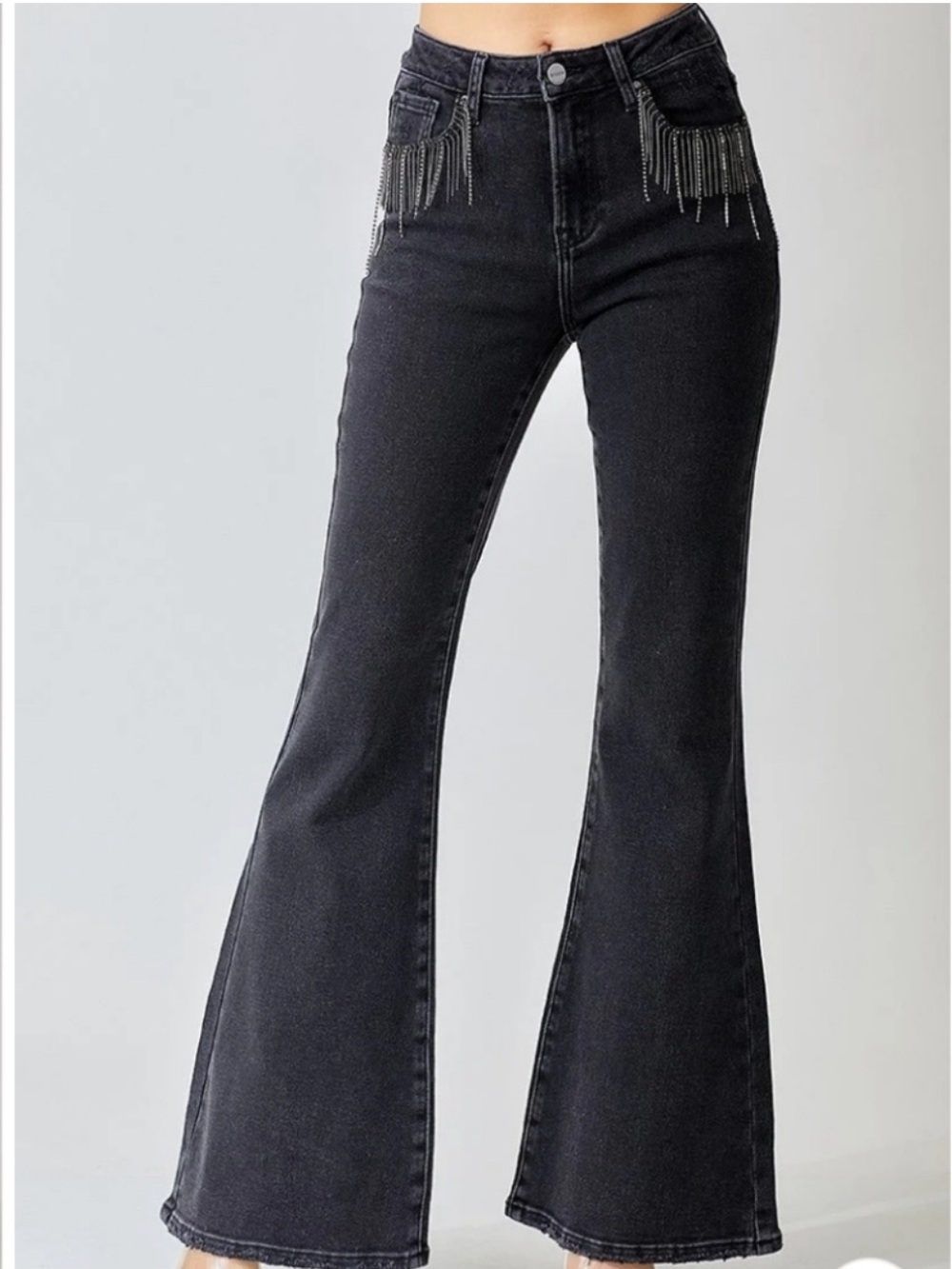 RISEN High Rise Flares With Embellished Pocket Detail Black Denim Size 7/28 NWT